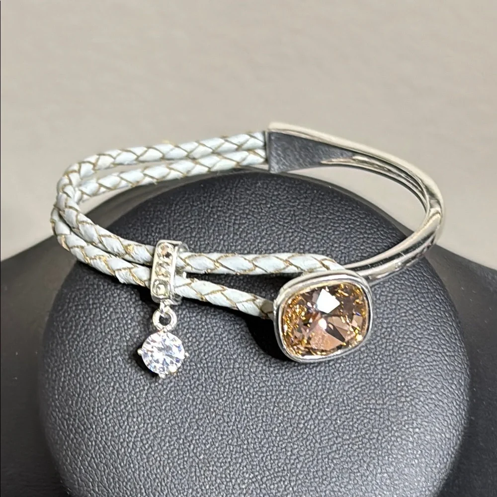 Orange Leatherette Sparkly Stone Bangle Bracelet Charm Silver Tone